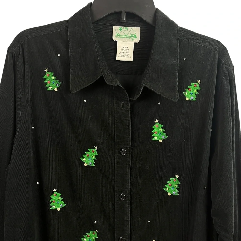 The Quaker Factory Corduroy Shirt Embroidered Christmas Trees Black Large - Picture 3 of 9